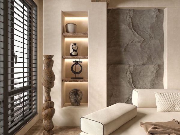 Clairemont apartment interior with built in shelves and natural stone feature wall
